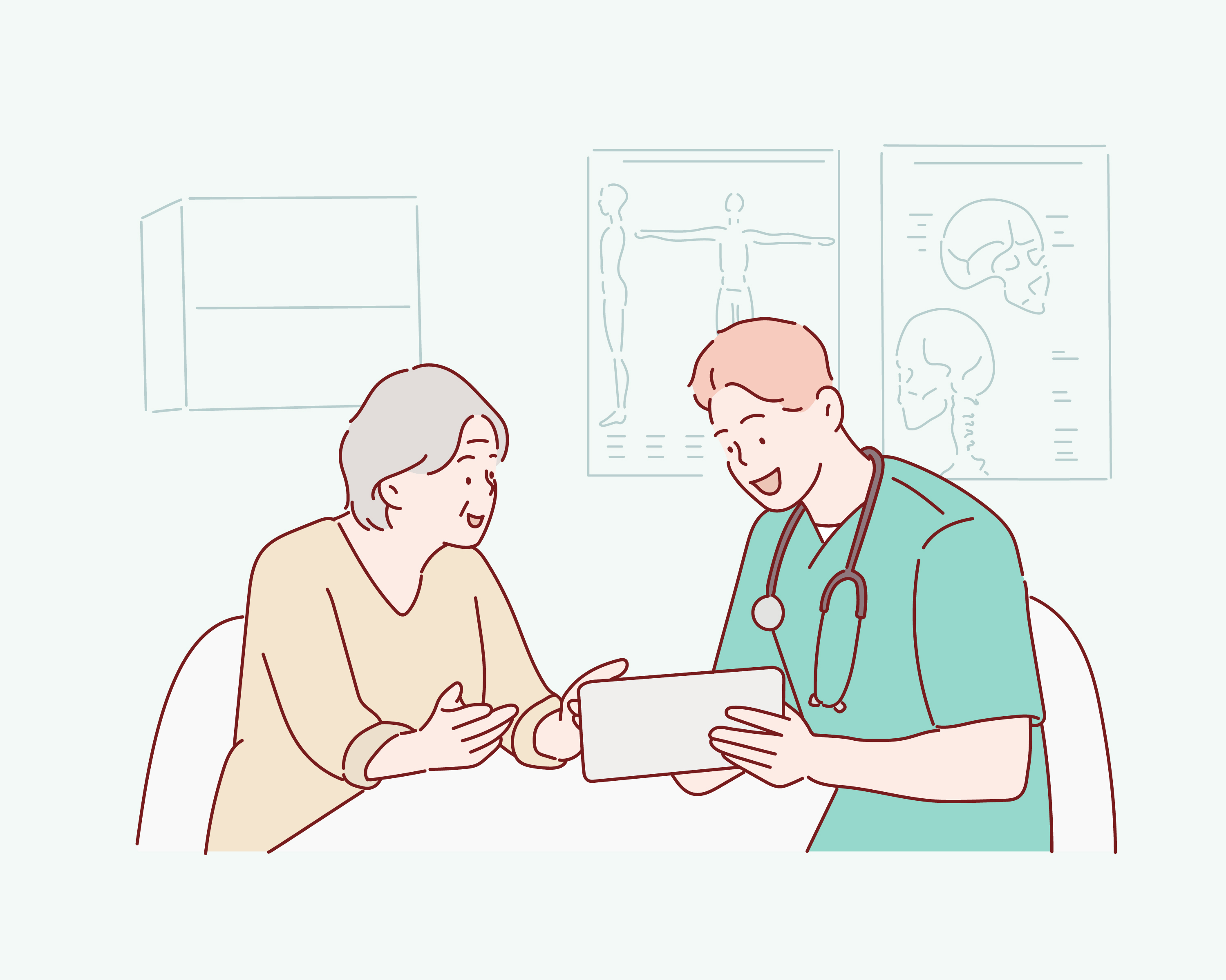 Desenho de médico sentado à mesa com doente a conversar mostrando um folheto